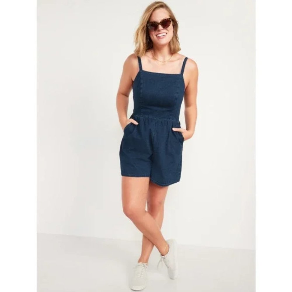 Old Navy Chambray Tencel Lyocell Cami Romper Blue Square Neck